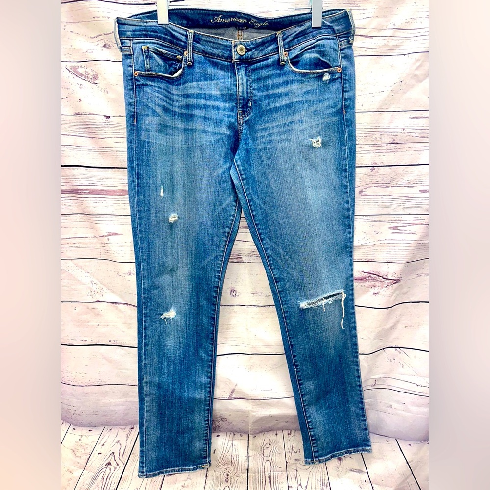 American Eagle Outfitters Blue Skinny Jeans with Distressed Details Size 14